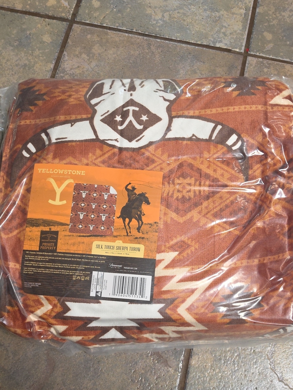Yellowstone Silk Touch Sherpa Throw - Rust Darby Stripe Cow Skull Brand 60x70